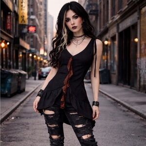 Young Essence Y2K Black Babydoll Tank Top Womens L‎ Indie Grunge  Whimisigoth